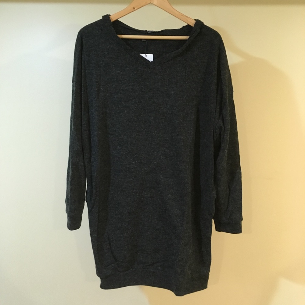 Cozy Charcoal Hoodie Tunic Sweater Dress w Pockets - Picture 3 of 4